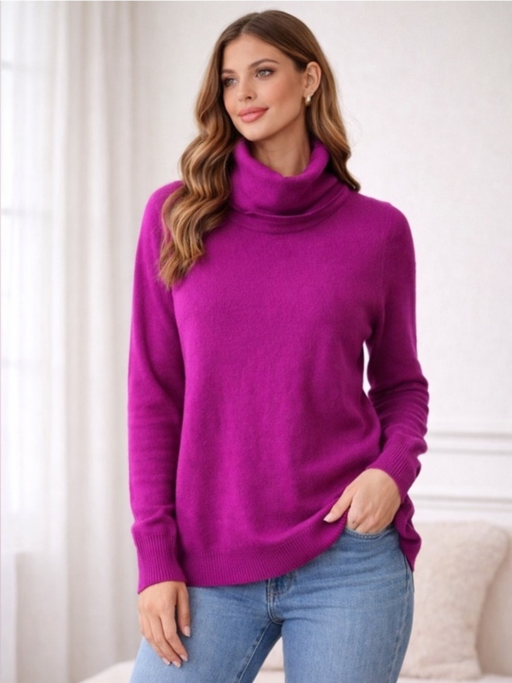 Diane Von Furstenberg Dustie Vibrant Magenta Turtleneck Cashmere Sweater Wool M